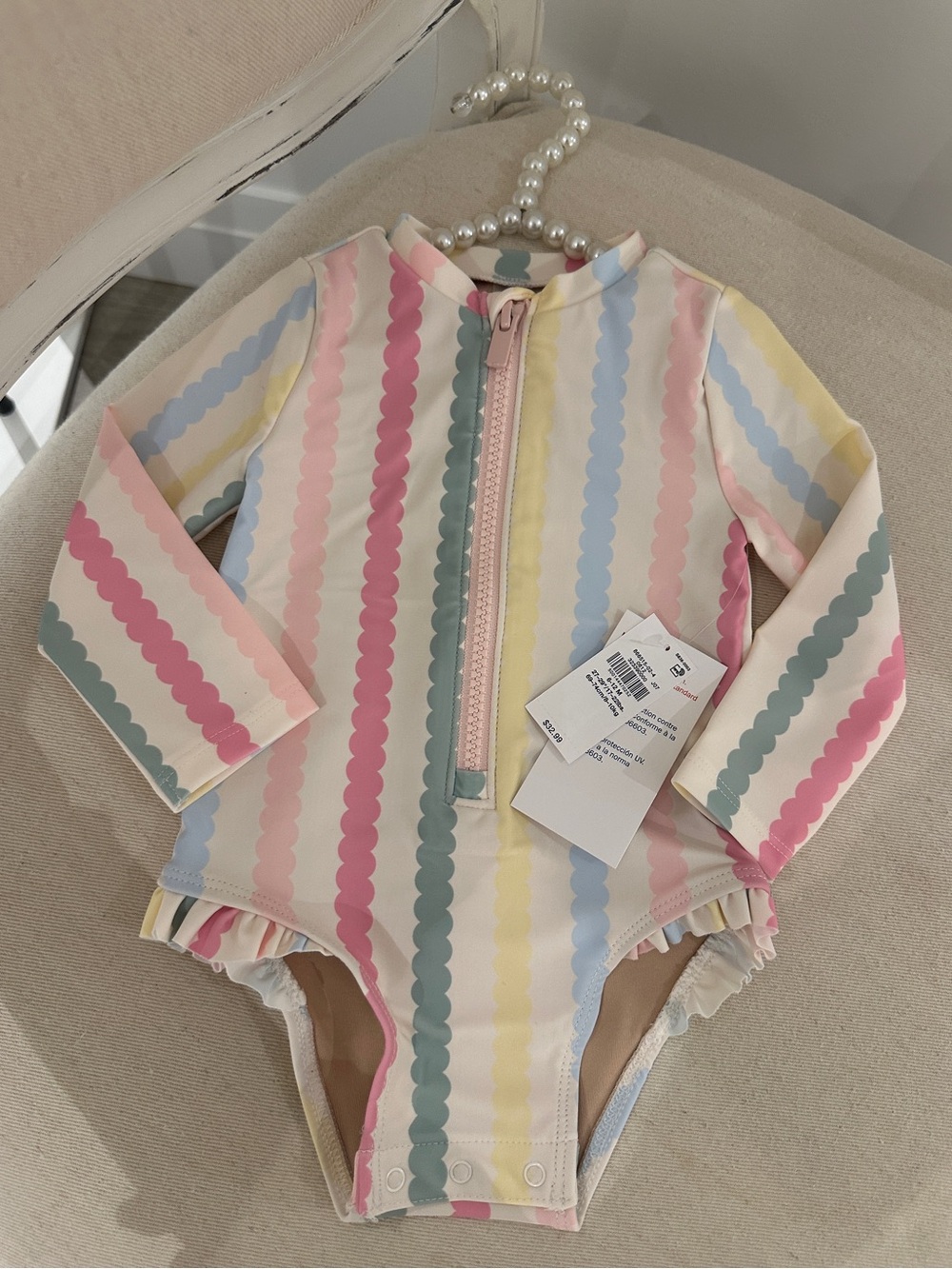 🤍 6~12 Mth Long Sleeve One-Piece Ruffle Swimsuit Rashgaurd - Pastel Stripe NWT